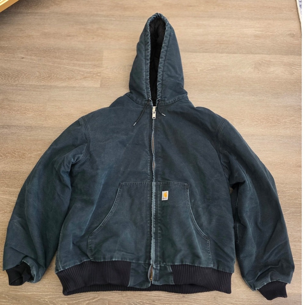 Carhartt Active Jacket Faded Black Duck Canvas Quilted Lined Hooded Work Coat